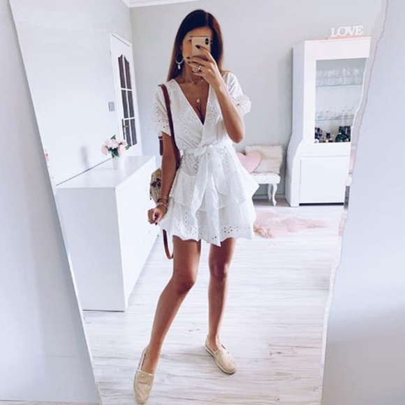 Boho White Eyelet Surplice Tie Ruffle Mini Dress - Picture 5 of 8